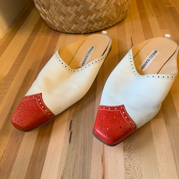Manolo Blahnik mule flats red tip white western